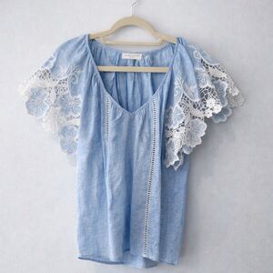 Ramy Brook Blue Blouse with White Lace Sleeves